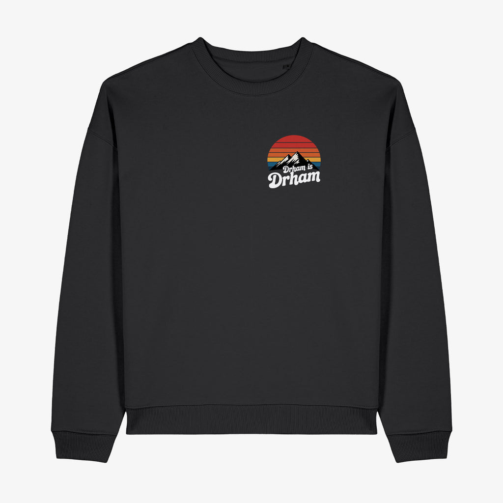 Schwarzer Wendekind Crewneck mit Drahm ist Drham Vintage Print und Retro Bergmotiv