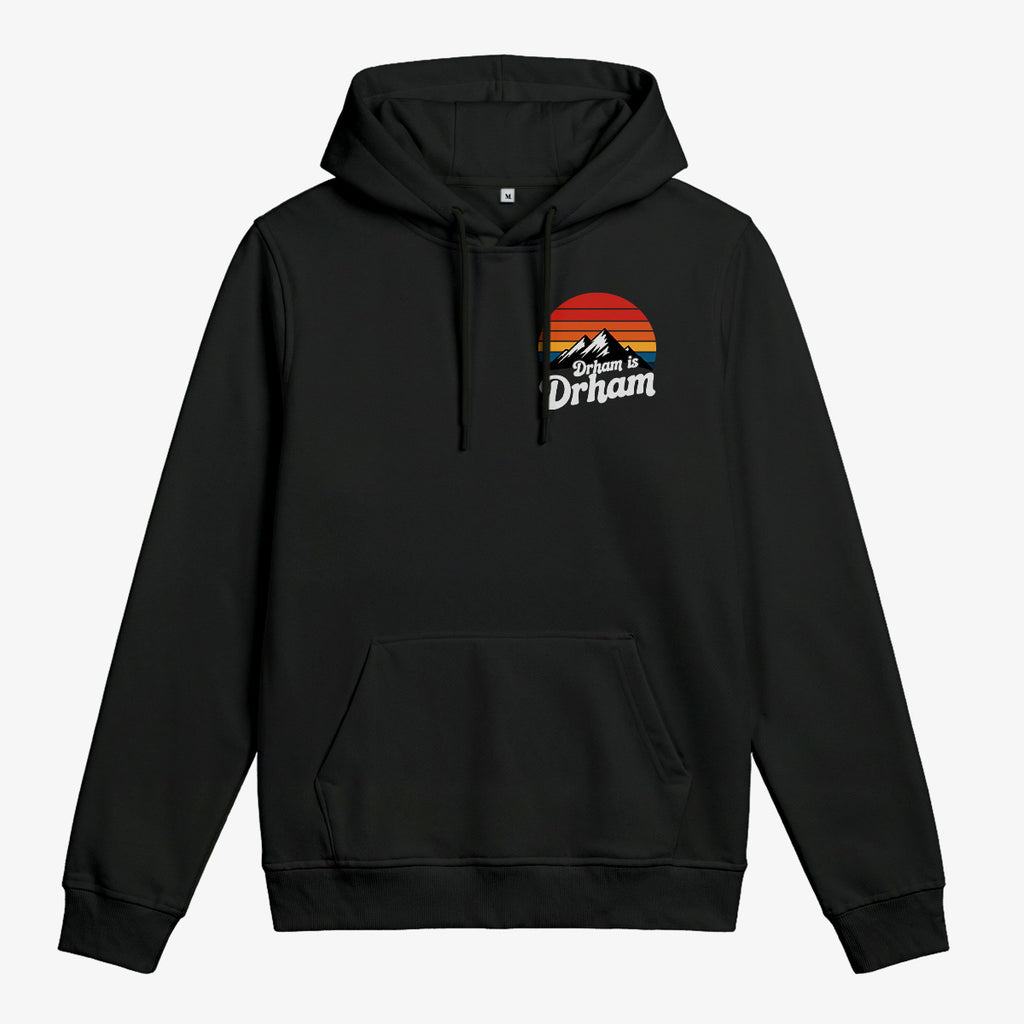 Schwarzer Wendekind Hoody mit Drahm ist Drham Retro Print und Bergmotiv auf der Vorderseite