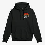 Schwarzer Wendekind Hoody mit Drahm ist Drham Retro Print und Bergmotiv auf der Vorderseite