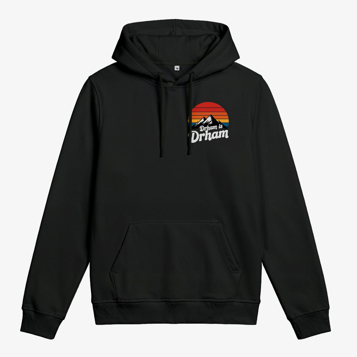 Schwarzer Wendekind Hoody mit Drahm ist Drham Retro Print und Bergmotiv auf der Vorderseite