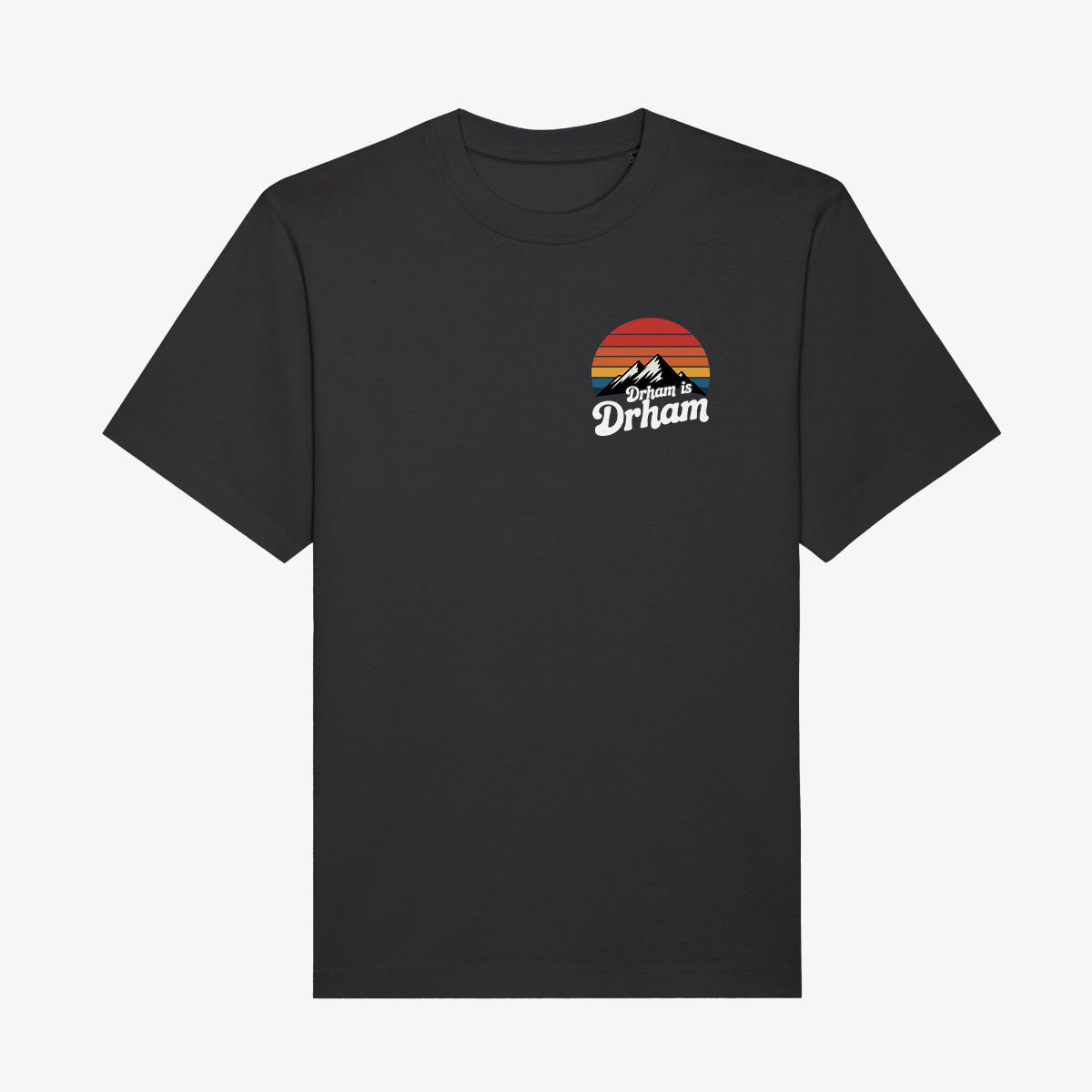 Schwarzes Wendekind T-Shirt mit Drahm ist Drham Retro Print und Bergmotiv im Vintage Stil