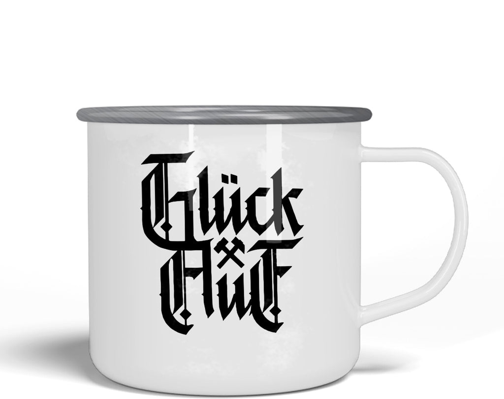 Wendekind Emaille Tasse Glück Auf Motiv Seitenansicht
