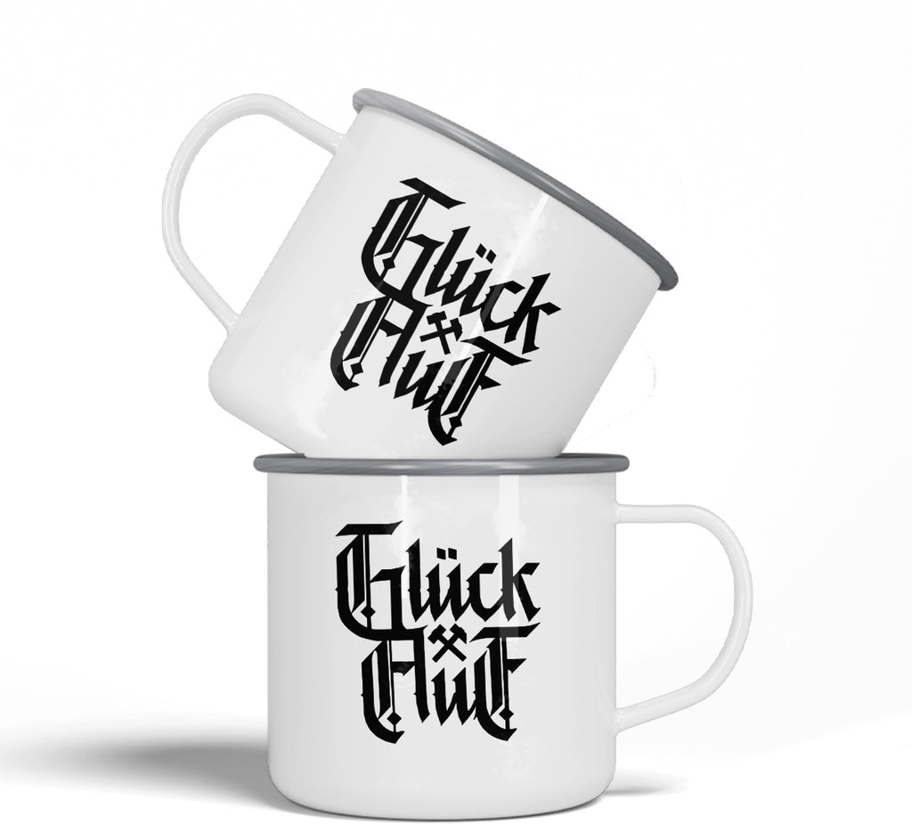 Wendekind Emaille Tasse Glück Auf Motiv mit zwei Tassen