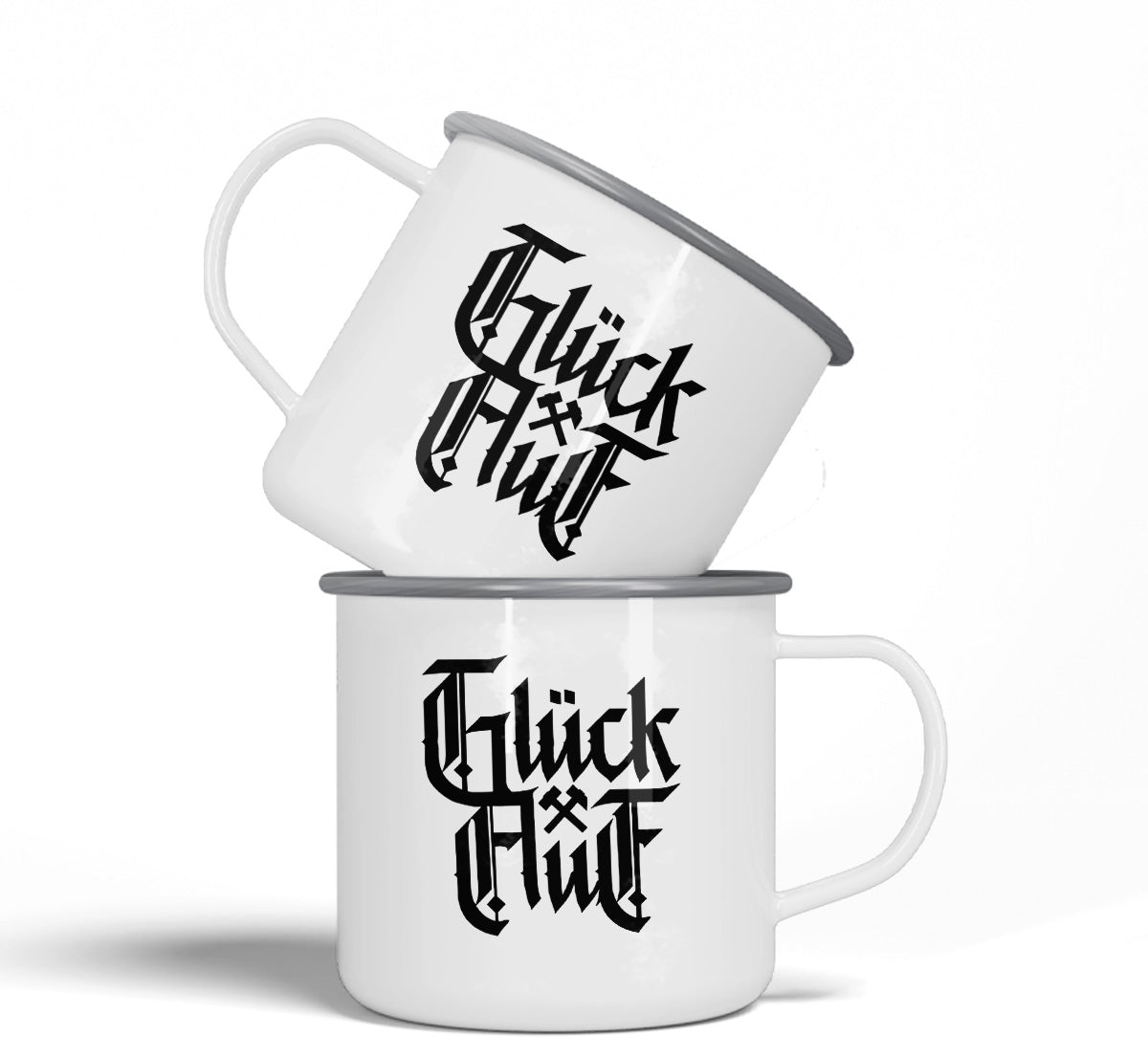 Wendekind Emaille Tasse Glück Auf Motiv mit zwei Tassen
