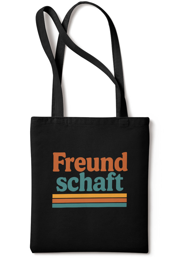 Wendekind Stoffbeutel Freundschaft schwarzer Baumwollbeutel mit langen Henkeln Seitenansicht